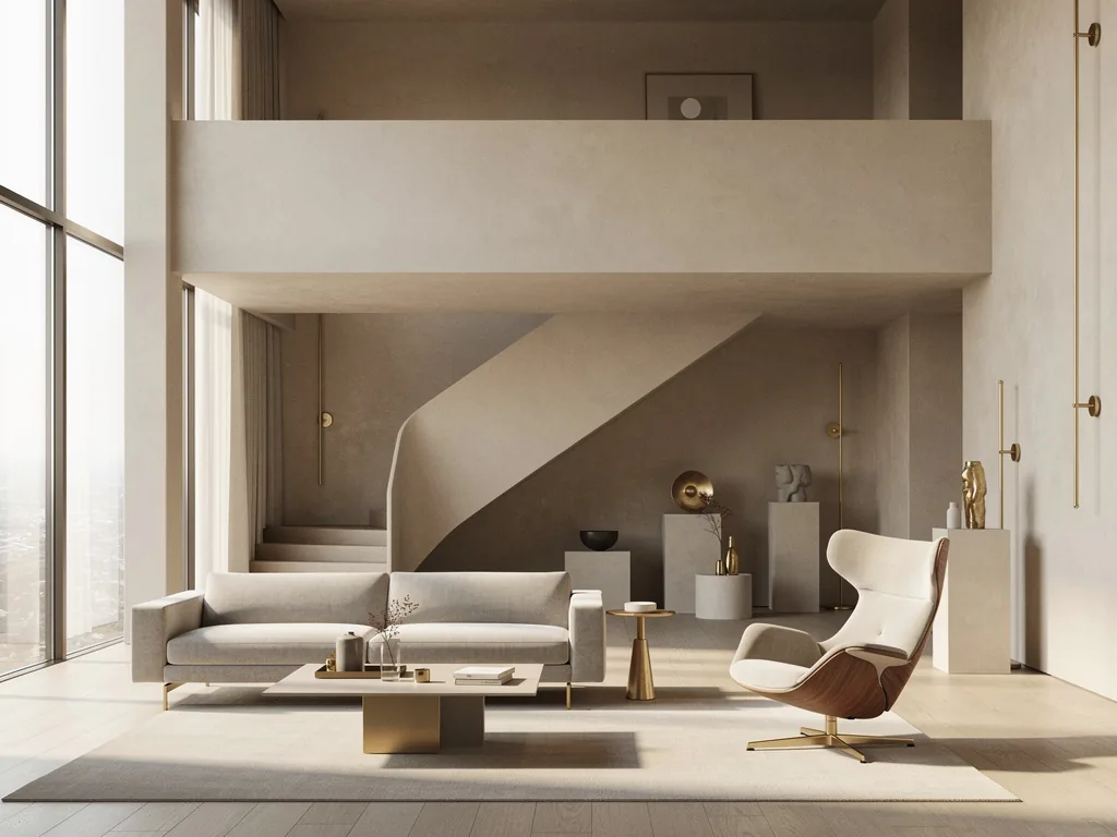 Minimalist interior design studio showroom with brass accents