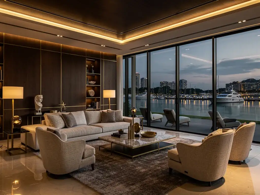 Luxury Sentosa Cove penthouse living room with marina view at dusk